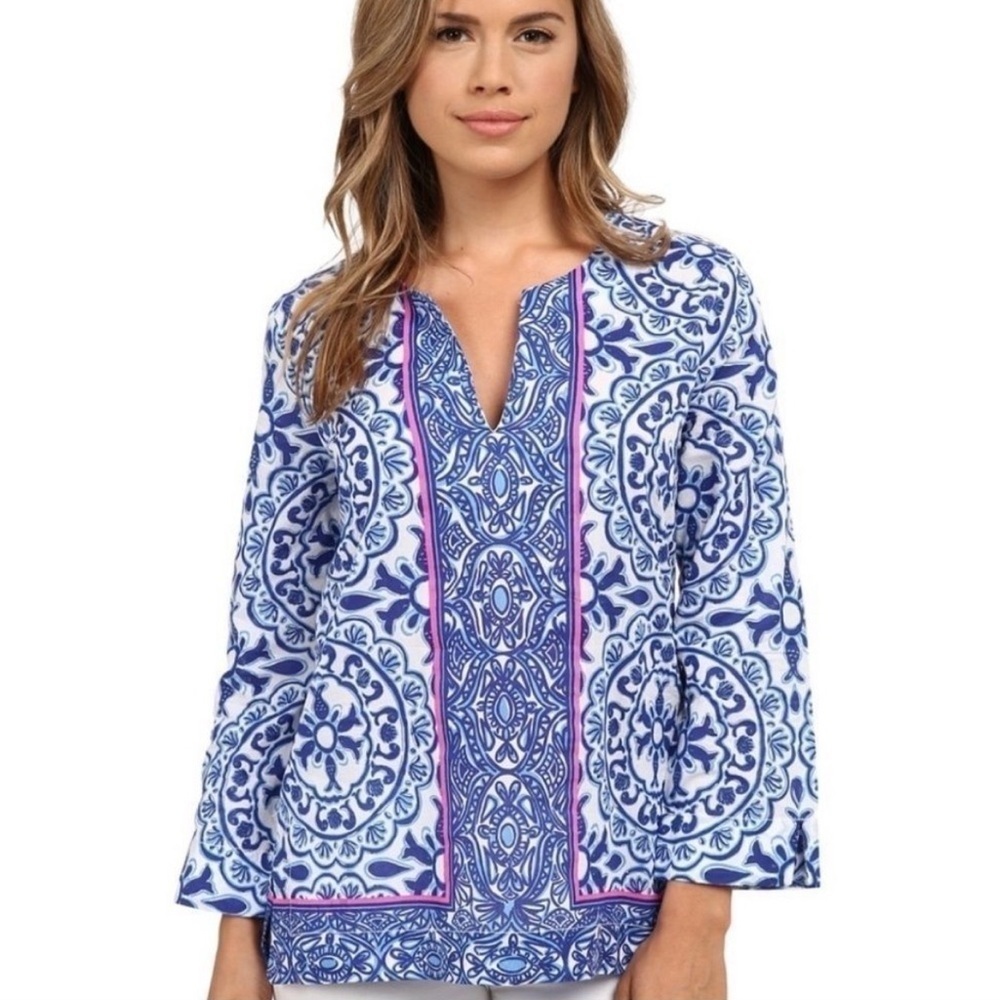 Lilly Pulitzer‎ Amelia Island Tunic Top Cotton Blue White Small S